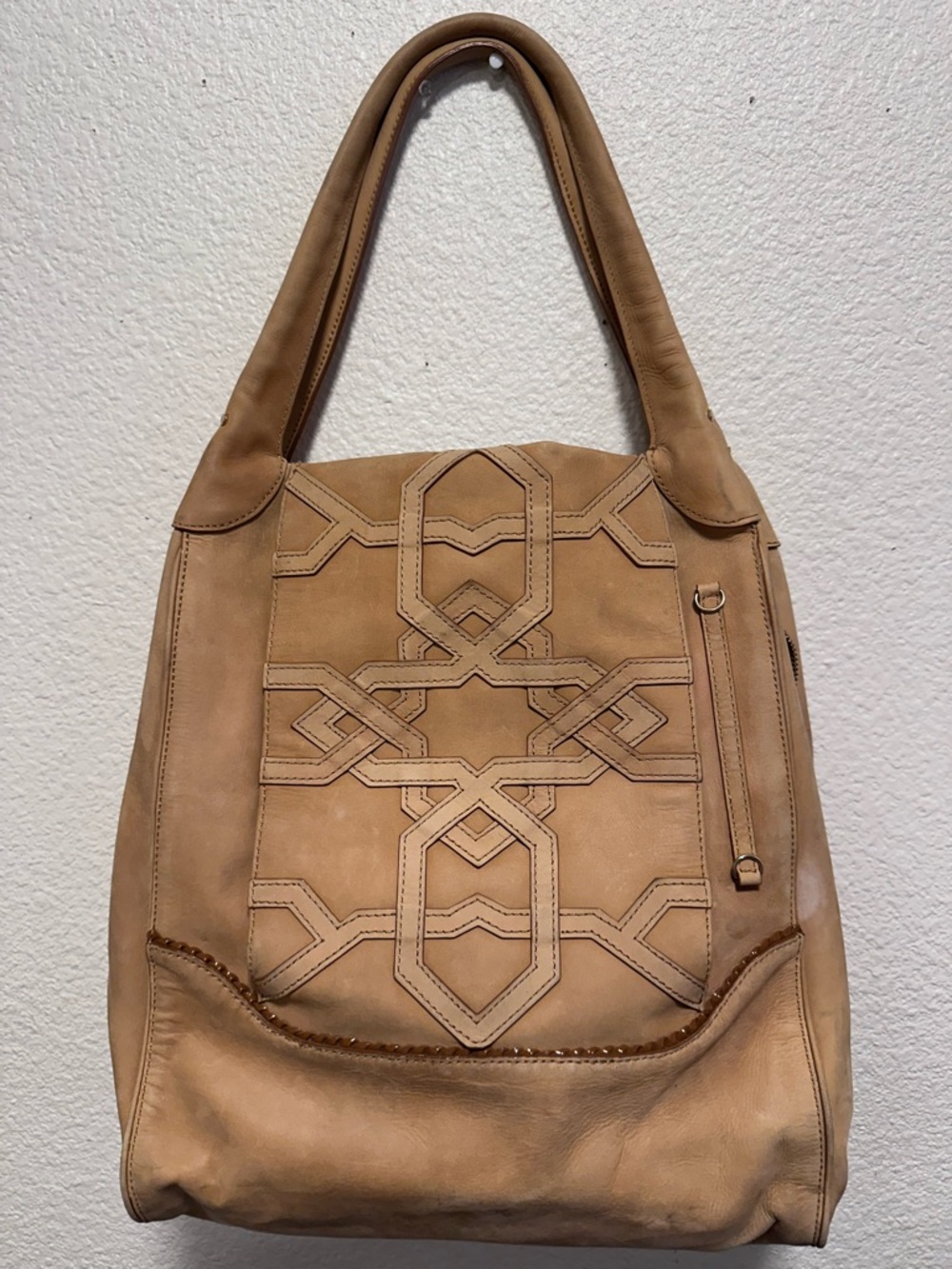 Tre Vero Tan Leather Shoulder Bag with Geometric Stitching 100% genuine leather